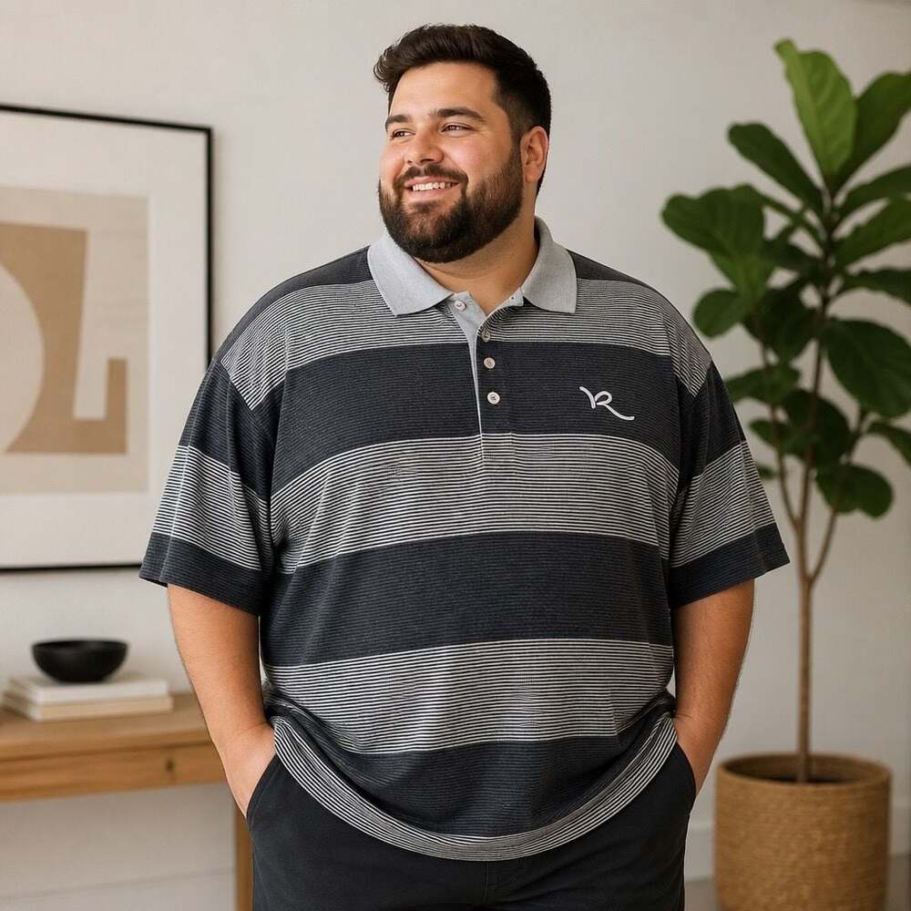 Rocawear Classic Striped Short Sleeve Polo Shirt Gray Black 5XB